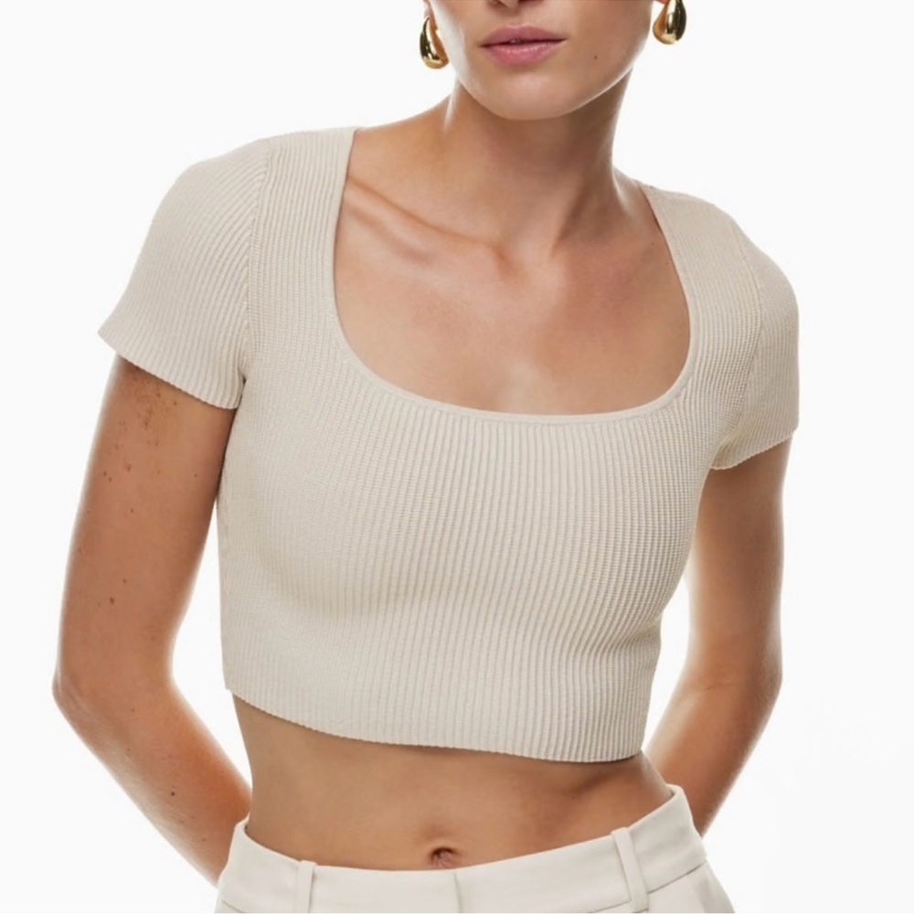 NWT Aritzia Babaton Sculpt Knit Ribbed Square Neck Crop Top Tan Beige 2XS XXS